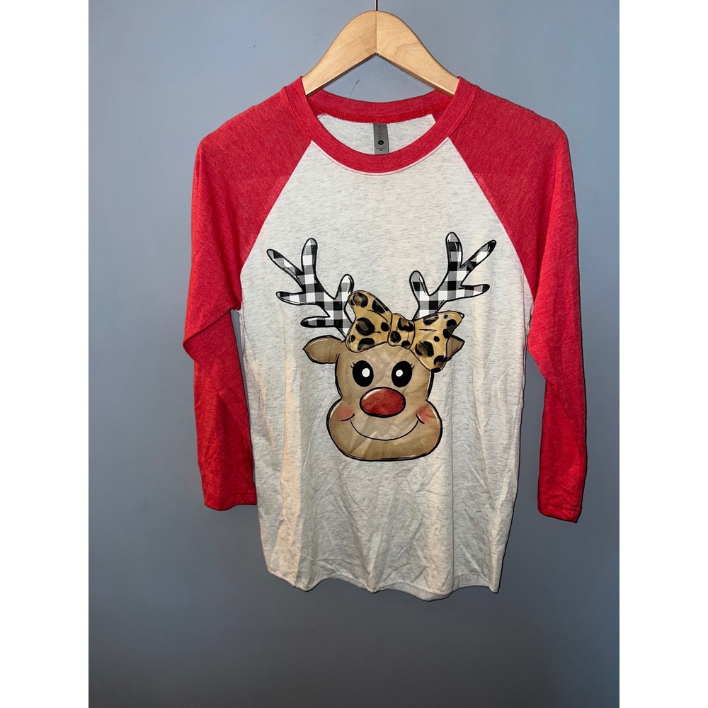 Next Level Christmas Reindeer Raglan Baseball Tee Grey Red XS